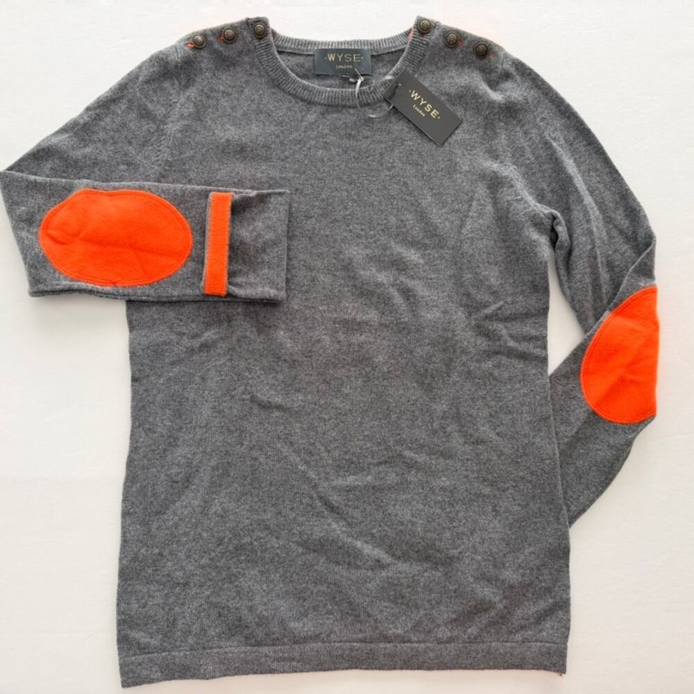 WYSE London Cashmere Grey Jumper Sweater NEW 2/Small Orange Elbow Patch